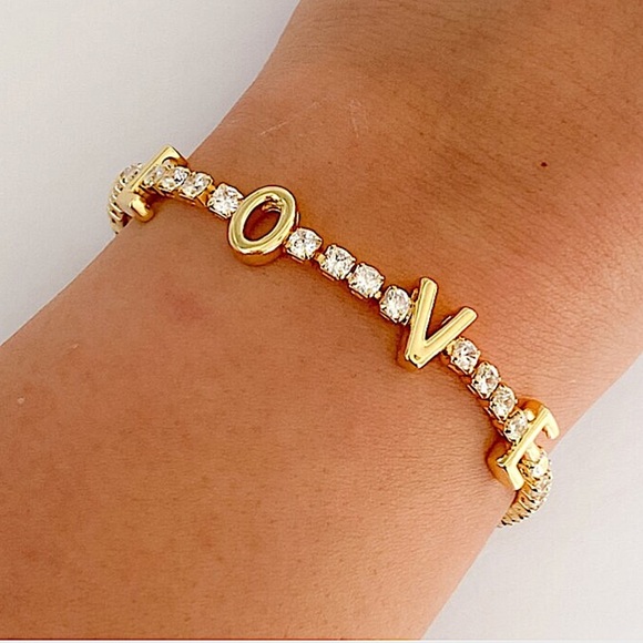 Gold Love Letter Cubic Zircon Pave Tennis Minimalist Bracelet - Picture 5 of 9